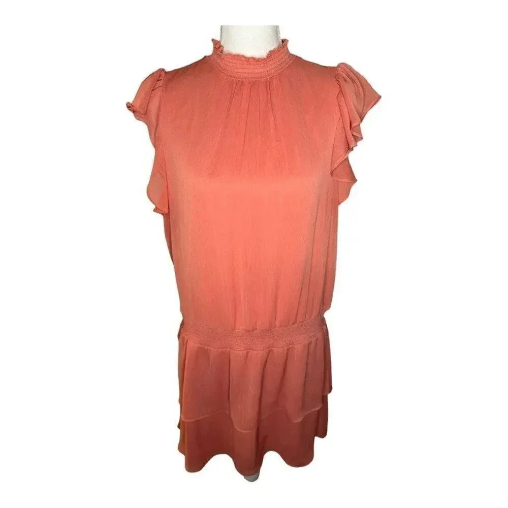 Express Size Large High Neck Coral Smocked Waist‎ Ruffled Mini Dress